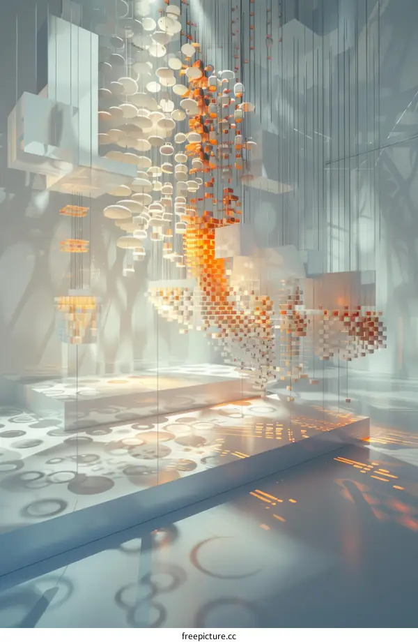 Futuristic Sci-Fi Museum with Floating Geometric Shapes and Shadows