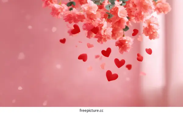Falling Hearts Among Delicate Pink Flowers