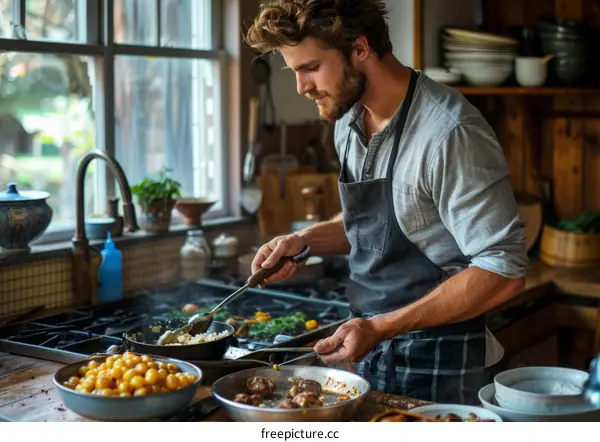 Young male chef is tasting food in the kitchen