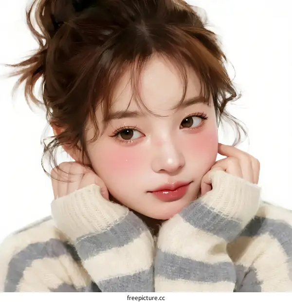 Young Asian Woman with Loose Hair Wearing Striped Sweater