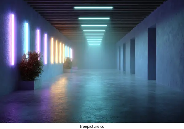 Neon Corridor with Colorful Lights