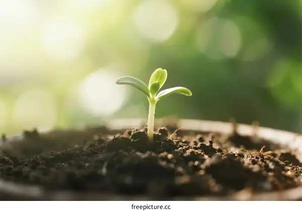 A Young Green Sprout Growing in Rich Soil with Sunlight