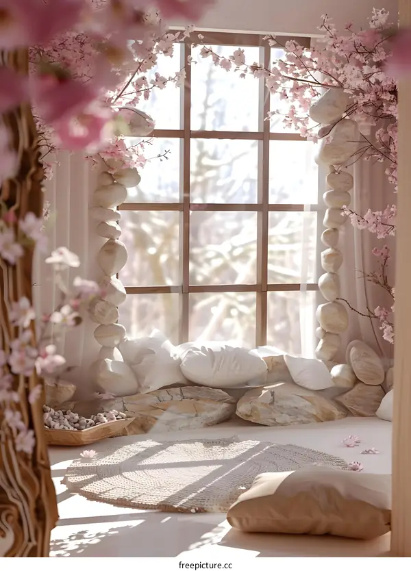 Cozy Room Decor with Cherry Blossom and Stones