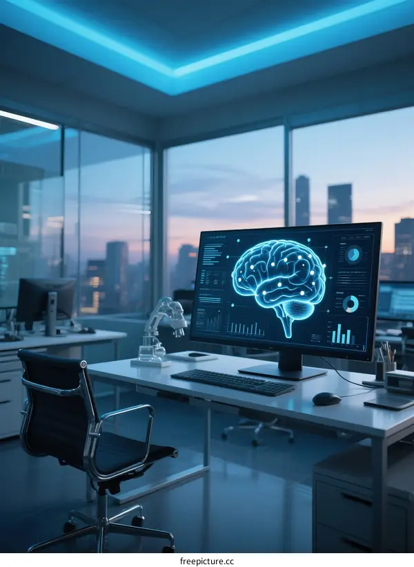 Modern Office with AI Brain Visualization and City View
