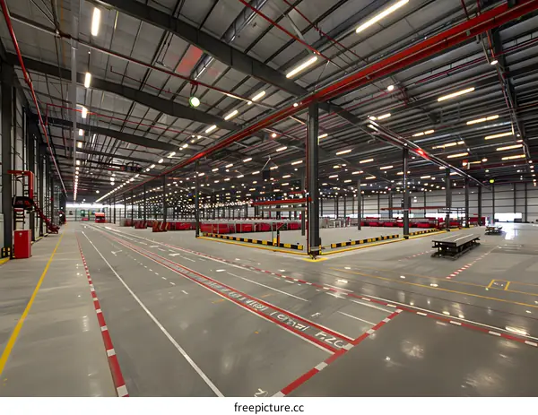 Large Empty Industrial Warehouse Interior with Red Lines