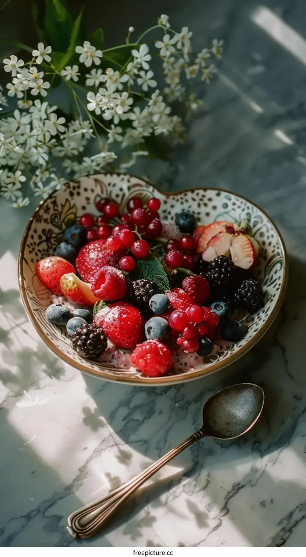 Plump Red and Black Berries in a Patterned Bowl with a Silver Spoon