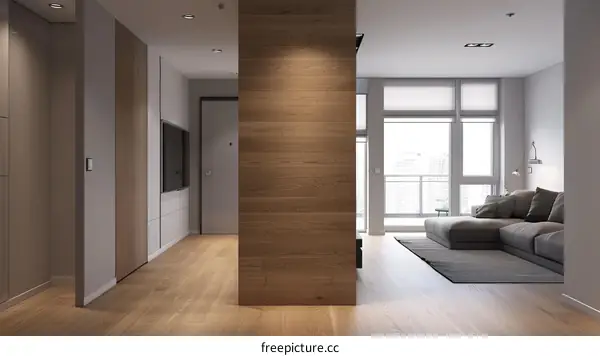 Modern Living Room with Wooden Wall and Large Windows