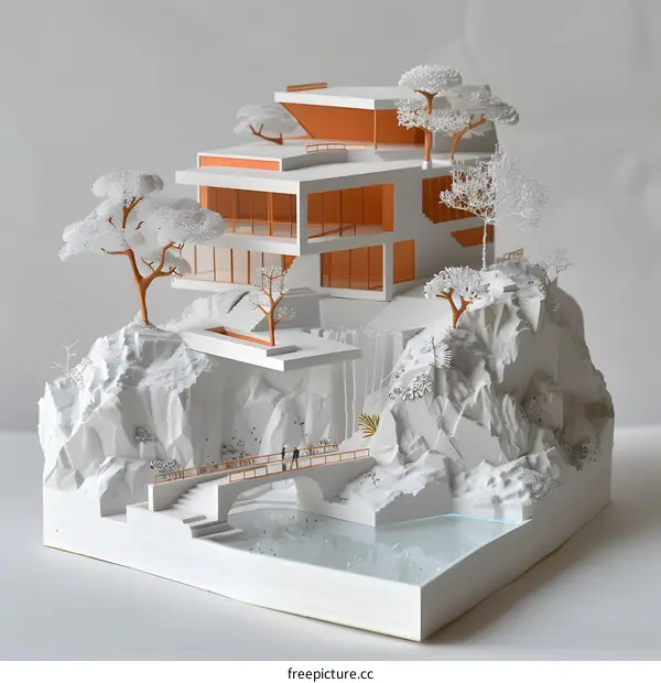 white paper model of a modern house on a cliff