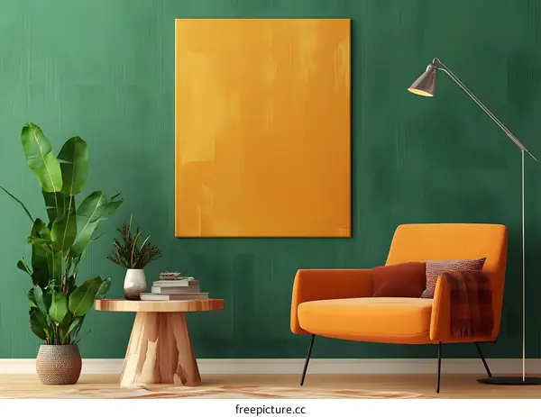 Modern Living Room Interior Design with Green Walls, Orange Armchair and Yellow Abstract Painting