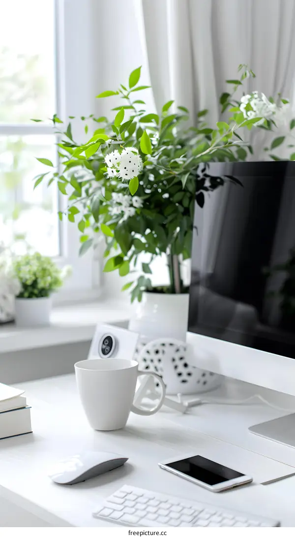 A desk with a computer, a plant, and a cup