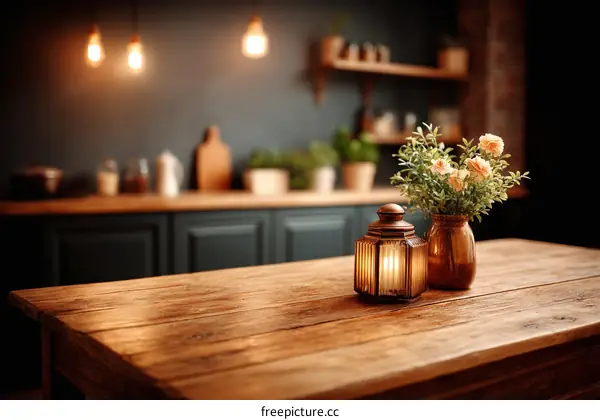 Rustic Kitchen Table Setting with Lantern and Flowers