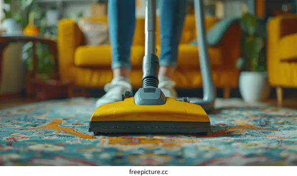 A Person in Casual Outfit Vacuuming a Rug in the Living Room