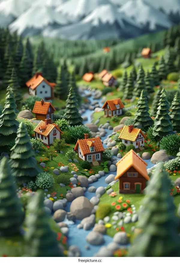 A beautiful landscape of a small village in the mountains with a river running through it