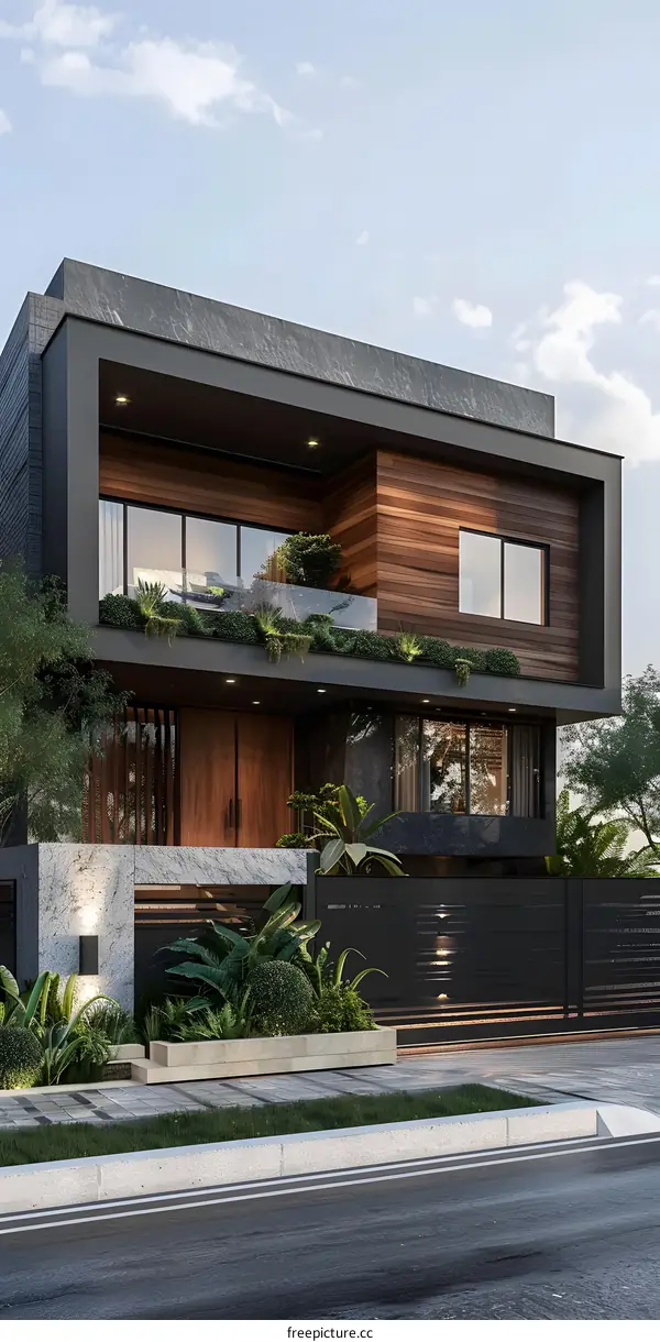 Modern House Exterior Design With Wood Panels And Glass Windows