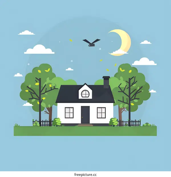Simple Illustration of a House with a Black Roof and a Green Yard