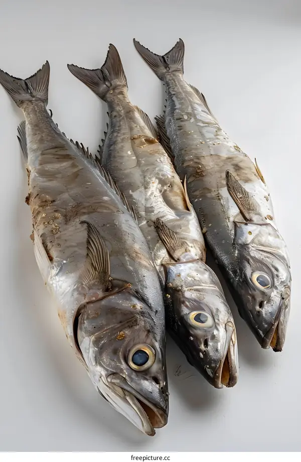 Three Freshly Caught Fish on White Background