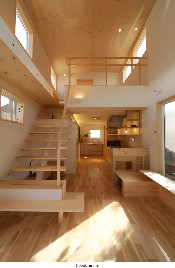 Modern Wooden House Interior Design with Stairs and Loft