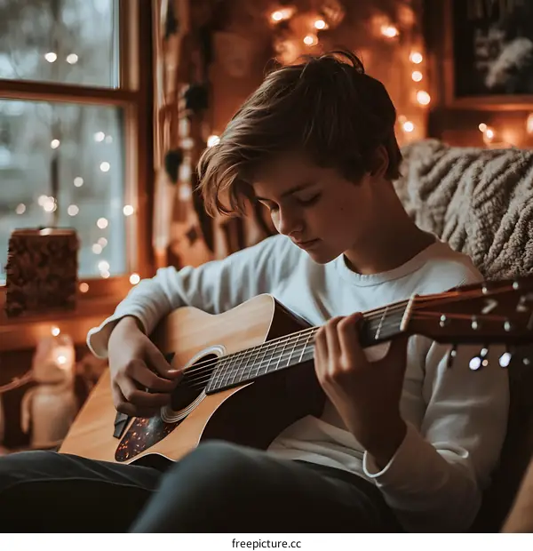 Young Man Playing Acoustic Guitar in Cozy Living Room