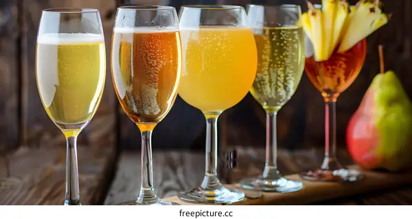 Four Glasses of Sparkling Wine with Fruit Garnish on Wooden Table