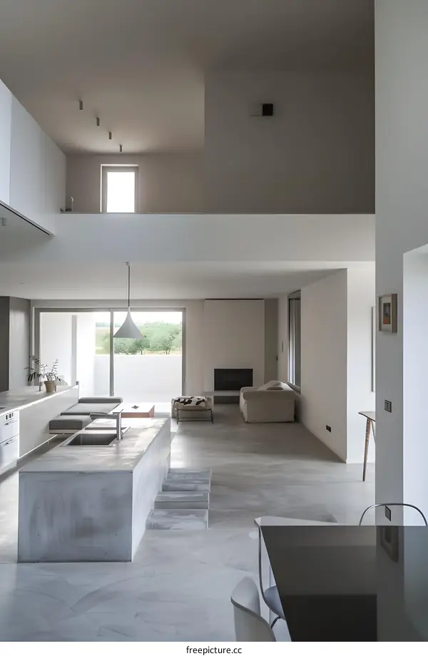 Modern Minimalist Home Interior Design with Concrete Kitchen Island