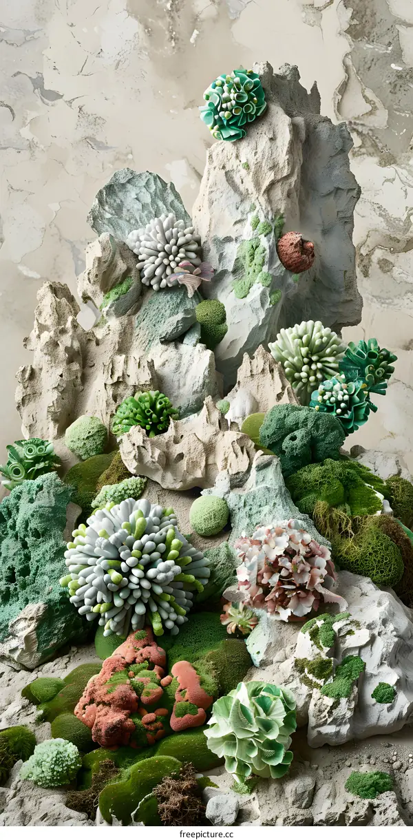 Abstract Green and White Rock Formations with Moss