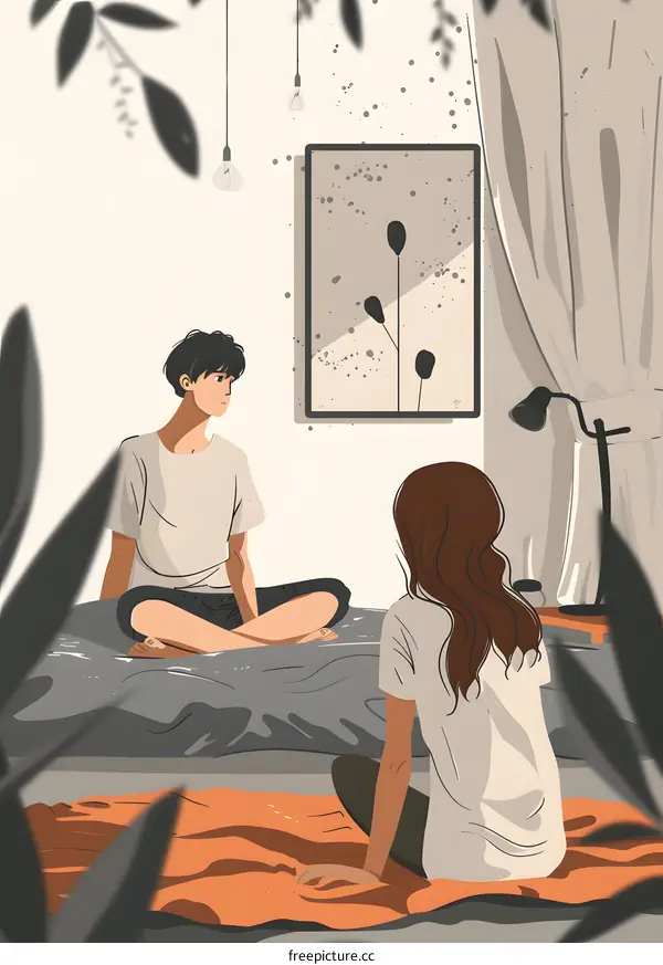 Couple Sitting on Bed in Minimalist Bedroom Illustration