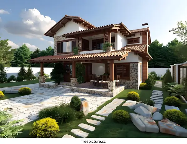 Modern Two Story House with Stone Facade and Patio