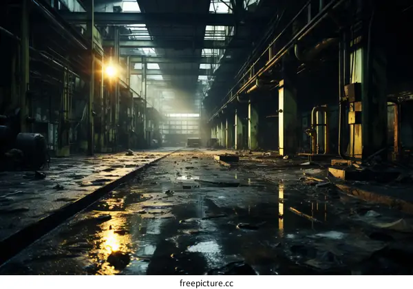 An abandoned factory building with water on the floor