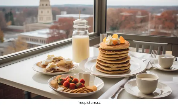 Pancakes, Fruit, and Coffee with a City View