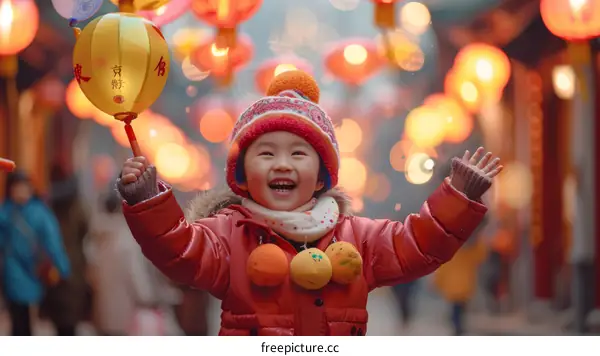 A happy Chinese girl holding a lantern during the Lantern Festival