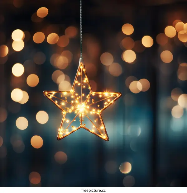 A glowing star shaped ornament hangs in front of a blurry background of warm white lights.