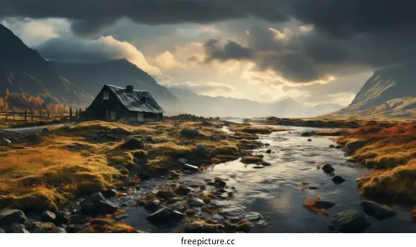 Thatched roof house in a valley with mountains and river flowing through it