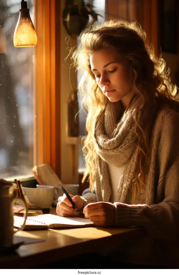Young woman writing in her journal by the window