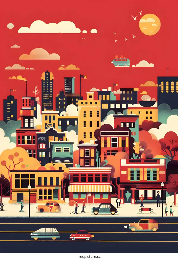 Cityscape Illustration with Buildings, Cars, and People in a Flat Style