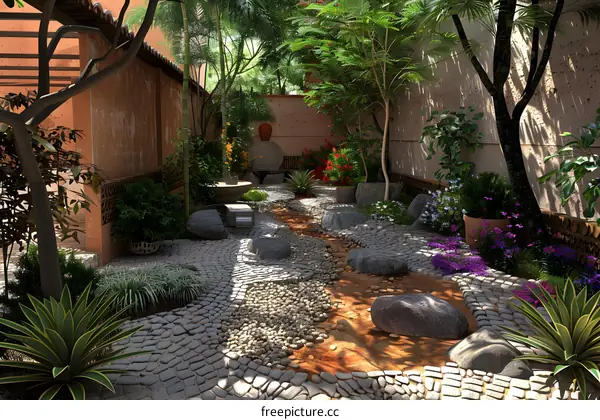 Courtyard with stone path and plants