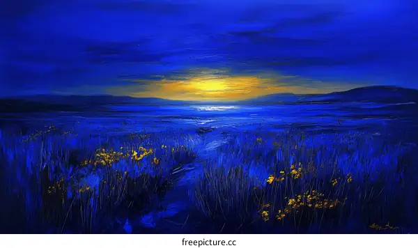 Deep Blue Sunset Over Meadow