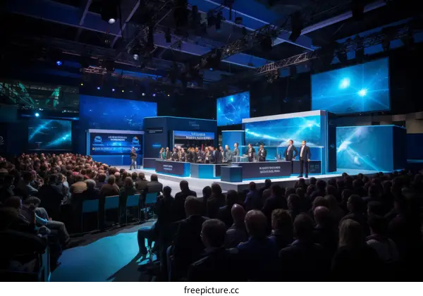 People on a stage at a conference with a large screen behind them