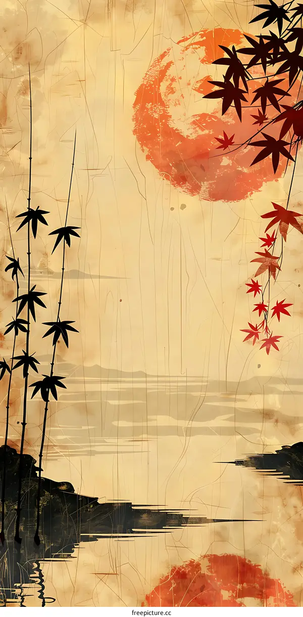 Japanese Style Watercolor Painting with Bamboo and Red Leaves