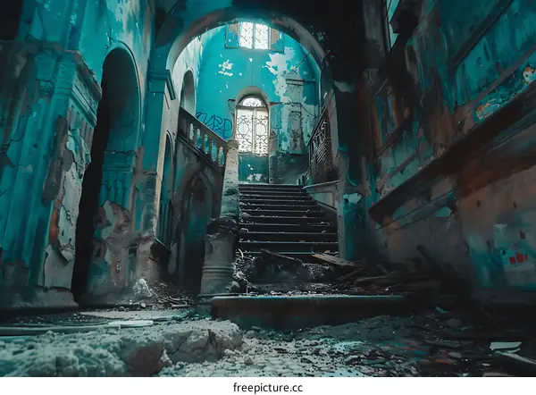 Abandoned Building Interior With Staircase And Blue Walls