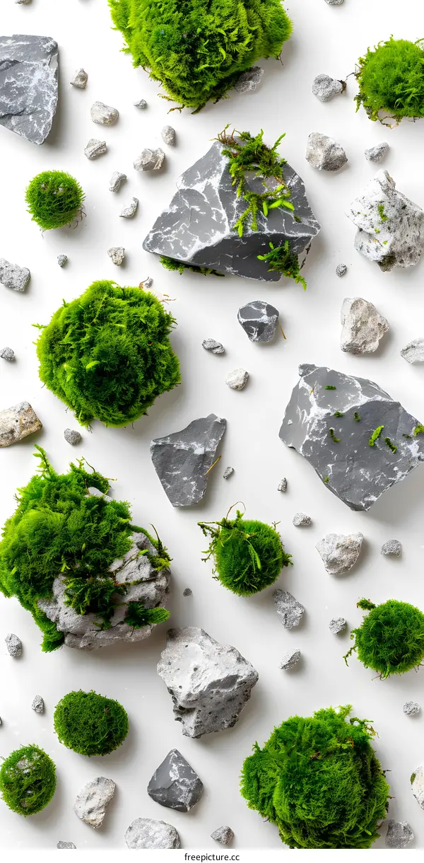 Green Moss and Gray Rocks on White Background