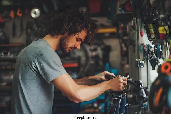 Man Fixing Bicycle in Garage Workshop