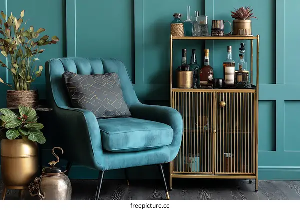 Teal Living Room Bar Cabinet with Mid Century Armchair