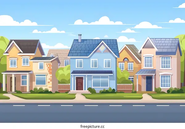 Cartoon Illustration of Suburb Houses with Blue Sky