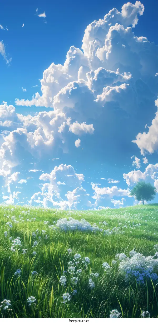 Vast Green Grassland with White Dandelion Flowers and Blue Sky