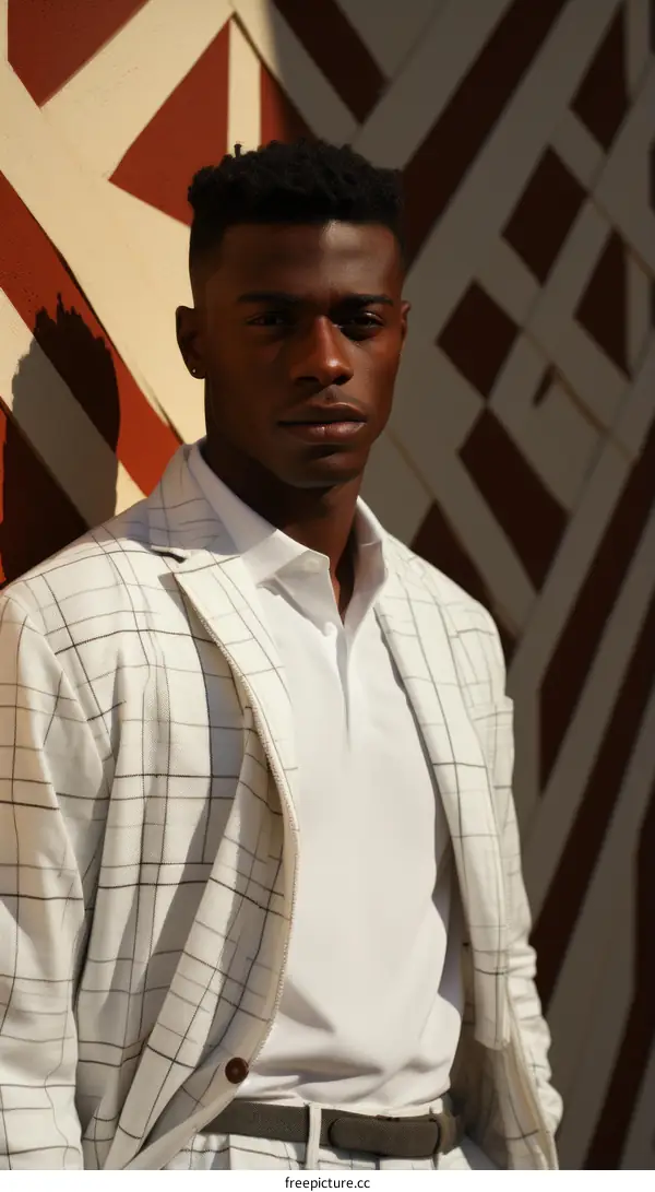 A young African-American man in a white suit poses against a patterned wall