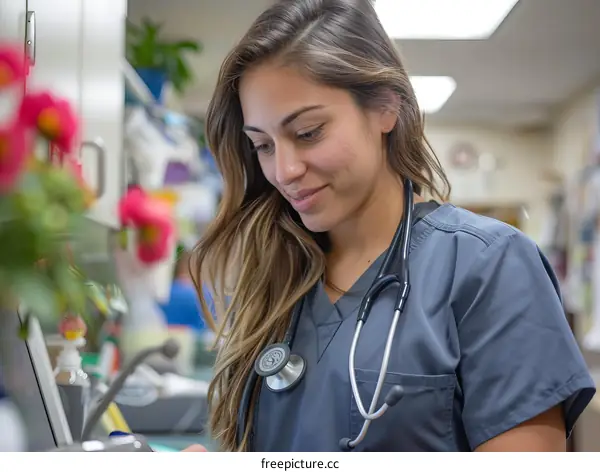 Hispanic female veterinarian smiling while looking at a laptop
