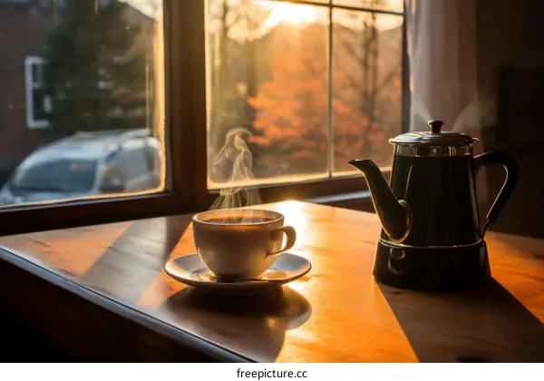 A steaming cup of tea on a wooden table in front of a window