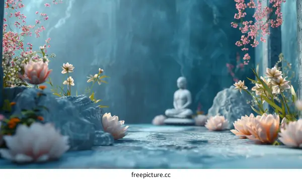 Buddha Statue and Lotus Flower