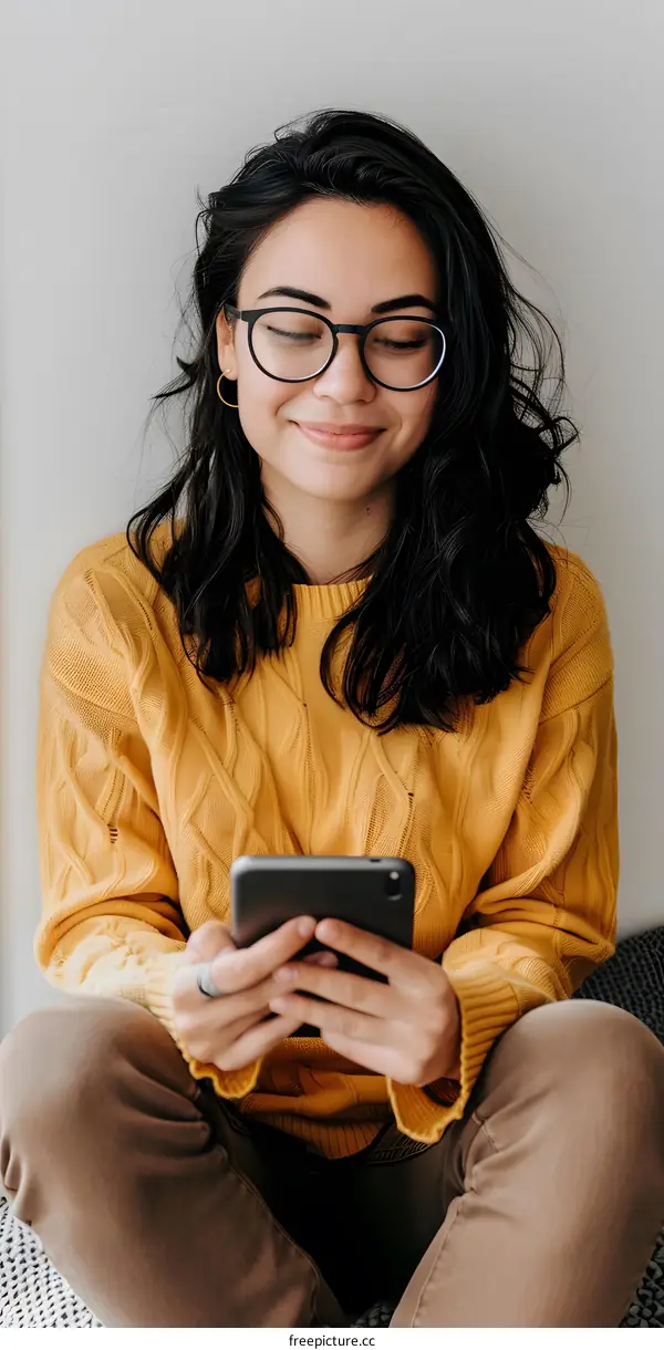 Woman in Yellow Sweater Using Smartphone
