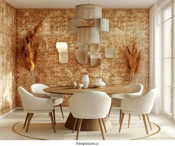 Dining Room Interior Design with Beige Tiles and Light Furniture